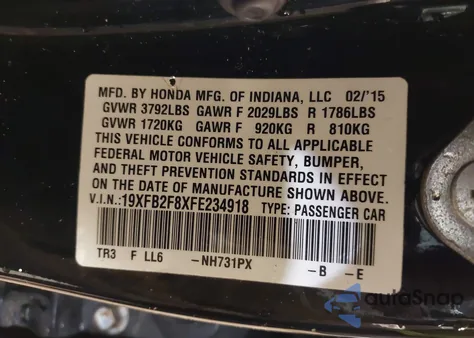 2015 Honda Civic Ex из США, поврежденный, VIN 19XFB2F8XFE234918